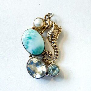 Artisan Blue Topaz Pearl Larimar Quartz Seahorse Sterling Silver Pendant
